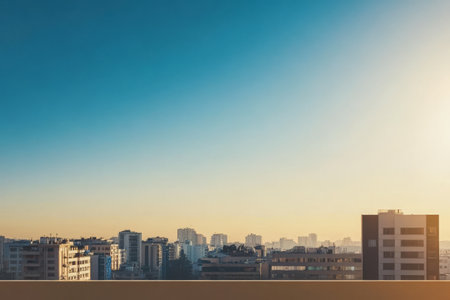 Building silhouettes stand against a vibrant sky as the sun sets casting warm light over the urban landscape. A sense of tranquility envelops the city as day transitions to night.の素材