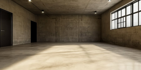 A spacious room with concrete walls and a polished floor is illuminated by natural light streaming through large windows. The area is empty offering a minimalist vibe with two doors.の素材