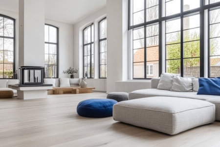 Bright living room features high ceilings and expansive windows allowing natural light to flow. Cozy seating area includes a soft couch and colorful cushions creating an inviting atmosphere.の素材