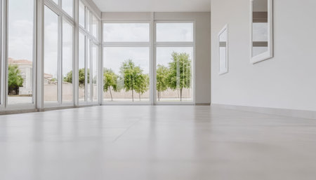 Natural light floods the spacious interior featuring large windows that showcase lush greenery outside. The minimalist design enhances the calm atmosphere of the room.の素材