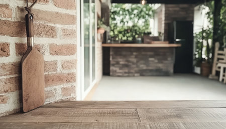 A wooden spatula hangs on a brick wall beside a rustic wooden table. In the background a modern kitchen is visible with greenery surrounding the space creating a cozy atmosphere.の素材
