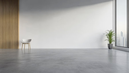A spacious minimalist room features a single chair and a potted plant. Large windows allow natural light to illuminate the area showcasing a clean and uncluttered design.の素材