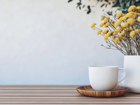A simple white cup sits on a round wooden plate beside a vase of vibrant yellow flowers. The wooden table and soft backdrop enhance the tranquil atmosphere.の素材