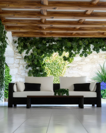 A spacious seating area features a stylish white couch with dark cushions under a wooden pergola. Vibrant plants and greenery enhance the serene atmosphere perfect for relaxation.の素材