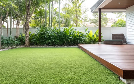 A vibrant green lawn is complemented by a wooden deck in a tropical garden. Lush plants surround the area creating a calm and inviting atmosphere for relaxation.の素材