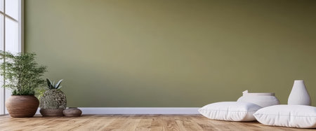 A spacious living area features a calming green wall. Natural elements like potted plants and soft cushions create a warm and inviting atmosphere perfect for relaxation.の素材