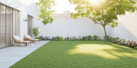 A serene garden space features two comfortable lounge chairs placed on a stone patio. The bright green lawn is surrounded by flowers and a tree illuminated by the warm afternoon sunlight.の素材
