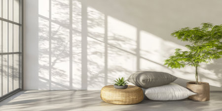 Bright and inviting indoor area featuring a small potted plant and decorative pillows. Soft shadows create a calming atmosphere as sunlight filters through large windows.の素材