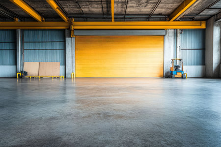An expansive industrial warehouse with a smooth concrete floor reflects the overhead lights. A bright yellow roll-up door dominates one wall while a forklift stands ready for use in the corner.の素材