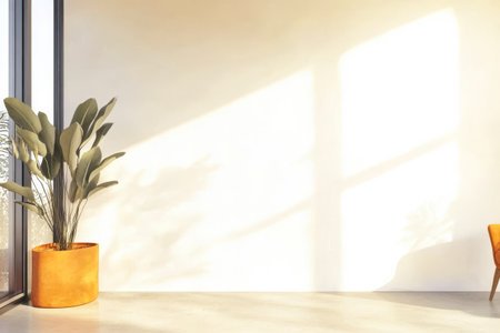 Sunlight streams through large windows casting soft patterns on a minimalistic room. A vibrant orange pot stands with lush greenery complementing a simple stylish chair.の素材