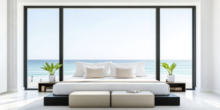 A stylish bedroom features a large bed facing floor-to-ceiling windows that showcase a breathtaking ocean view. White walls and plants enhance the serene atmosphere creating a tranquil retreat.の素材