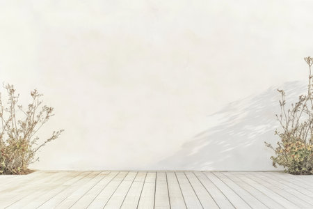 A serene outdoor area features a wooden floor and a plain white wall surrounded by sparse dry vegetation. Natural light enhances the peaceful atmosphere of the setting.の素材