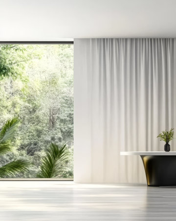 Natural light floods the contemporary room through a large window revealing a vibrant green landscape. Sleek furnishings complement the relaxing ambiance creating a serene atmosphere.の素材