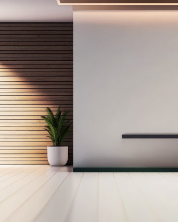 A bright interior highlights a blend of wooden wall panels and a plain wall complemented by a green plant in a white pot. A sleek simple bench adds to the minimalistic style.の素材
