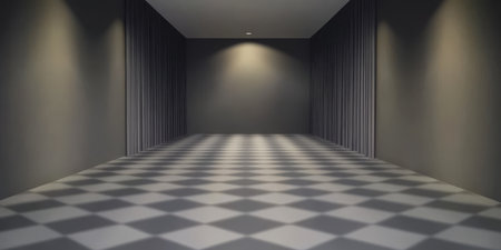 A spacious interior features a checkered floor pattern and soft directional lighting illuminating the gray walls.の素材