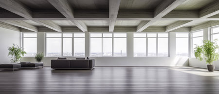 Spacious and airy interior featuring large floor-to-ceiling windows a minimalist couch plants and a stunning city skyline visible in the background enhancing natural light and openness.の素材
