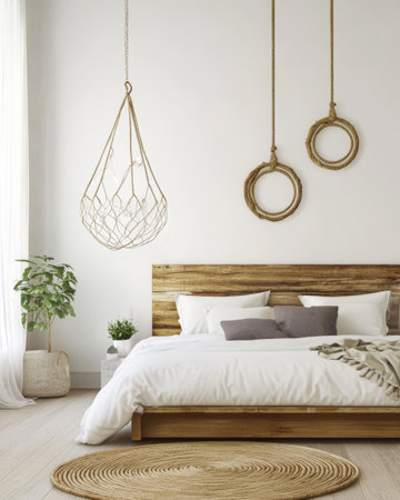 This cozy bedroom features a wooden bed frame decorative pillows and a macrame planter. Natural light pours in highlighting the soothing minimalist design with a touch of greenery.の素材