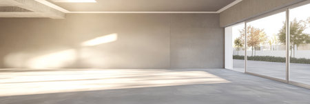 A bright spacious interior features light gray walls and floors large windows allowing natural light in and a serene garden view outside. Ideal for various design possibilities.の素材