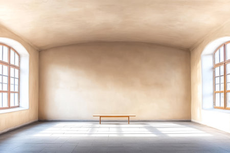 A bright spacious room features large windows allowing natural light to flood in.の素材