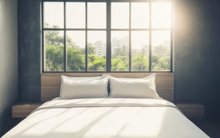 A spacious bedroom features a large bed with white linens positioned under big windows. Sunlight floods in highlighting the greenery outside and creating a serene atmosphere.の素材