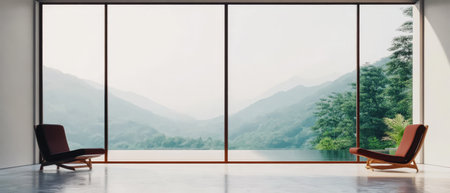 A spacious interior features two stylish chairs positioned near expansive glass windows. Outside a tranquil lake reflects the surrounding mountains under soft morning light.の素材