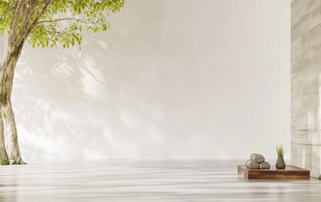 This serene indoor area features a large tree minimalist decor and neatly arranged towels on a wooden platform. Soft light filters through creating a tranquil atmosphere perfect for relaxation.の素材