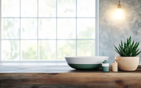 This interior setup showcases a spacious area with a wooden table holding a modern bowl essential oils and a potted plant. Natural light floods the room enhancing the decor's appeal.の素材