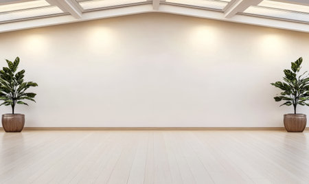 Bright and airy interior showcases clean walls and polished wooden flooring. Two decorative plants add a touch of greenery creating an inviting atmosphere for various activities.の素材