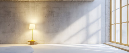 A bright room featuring a floor lamp and large windows allowing ample natural light to fill the space. The minimalist design emphasizes comfort and tranquility creating an inviting atmosphere.の素材
