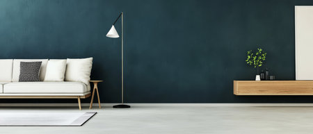 A stylish living room showcases a white sofa with a black pillow a sleek floor lamp and a wooden TV stand. The dark wall creates a sophisticated atmosphere. A small plant adds a touch of nature.の素材