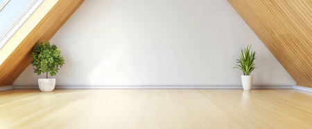 A well-lit attic room features two potted plants placed symmetrically on a light wooden floor. The room is defined by slanted wooden beams and a neutral background creating a serene atmosphere.の素材