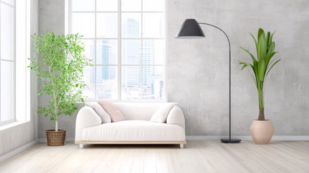 Bright and airy living room showcases a white couch decorative plants and a tall floor lamp. Large windows allow natural light to fill the space enhancing the tranquil atmosphere.の素材