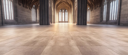 Rays of sunlight stream through tall windows in a Gothic cathedral illuminating the vast stone interior. Majestic columns rise from a polished floor enhancing the sacred atmosphere.の素材