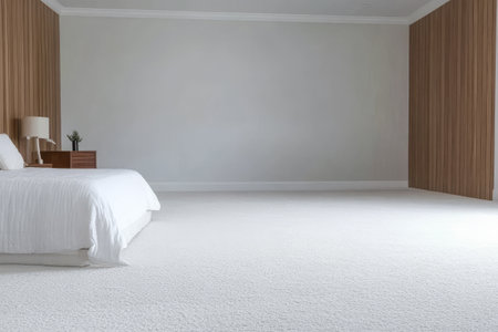 A serene bedroom features a white bedspread wooden accent walls and soft carpet. Natural light fills the space enhancing the calming atmosphere ideal for relaxation.の素材