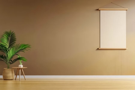 A cozy room features a potted palm plant beside a small table and a blank wall hang. The warm brown tones create a calming atmosphere ideal for relaxation and meditation.の素材