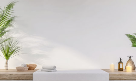 A serene spa environment features soft lighting towels neatly arranged on a minimalist table and decorative plants.の素材
