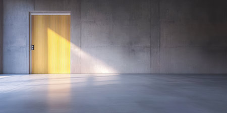 A bright yellow door stands against a concrete wall illuminated by a soft beam of light on the polished floor. The minimalistic design creates a striking visual effect in the space.の素材