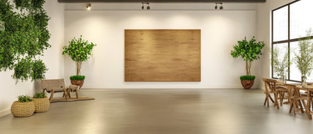 A contemporary style room features an expansive wooden accent wall potted plants and natural light streaming through large windows creating a bright and inviting atmosphere ideal for gatherings.の素材