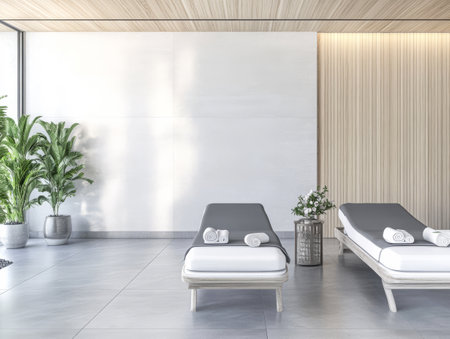 Two lounging beds arranged in a tranquil spa area surrounded by lush greenery. Soft towels are neatly placed on the beds enhancing the peaceful atmosphere. Natural light fills the space.の素材