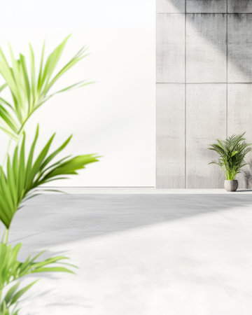 Bright interior space showcasing a sleek concrete wall and lush green potted plants. Sunlight casts soft shadows enhancing the serene atmosphere. Perfect for minimalistic decor ideas.の素材
