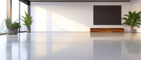 Bright and spacious room features large windows allowing natural light with potted plants in the corners and a wooden bench against the wall inviting a serene atmosphere.の素材