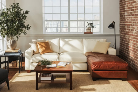 A cozy living room features a white sectional sofa adorned with pillows and a wooden coffee table. Sunlight filters through large windows highlighting brick walls and urban views.の素材