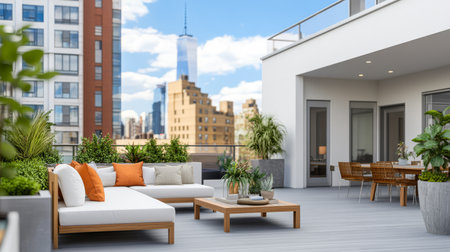 A beautifully designed rooftop terrace features comfortable seating with orange accents overlooking a vibrant city skyline. Lush plants and a dining area add to the charm.の素材