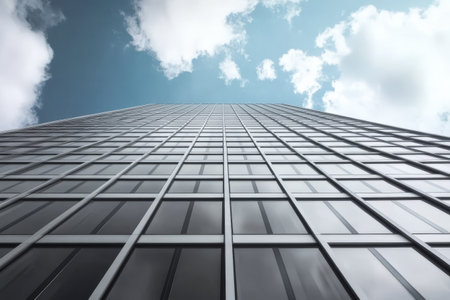 A towering building stands tall with reflective glass windows reaching towards a bright blue sky adorned with fluffy white clouds creating a stunning architectural view.の素材