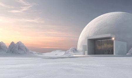 A modern dome-shaped structure stands amidst a vast snowy landscape reflecting soft colors of a winter sunset. Gentle hills form the backdrop creating a serene atmosphere.の素材