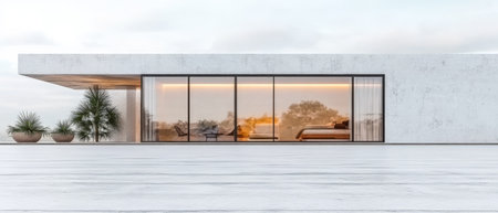 A contemporary building showcases minimalist architecture with expansive glass windows. Natural light fills the interior creating a warm atmosphere.の素材