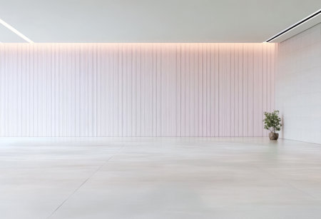 A spacious room features a soft pink wall with subtle lighting. A lone potted plant adds a touch of greenery to the minimalist environment creating a calming atmosphere.の素材