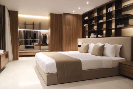 This elegant bedroom showcases a large bed centered in a contemporary space with wooden accents and ample light. A stylish closet area displays neatly organized clothing and accessories.の素材