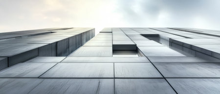 A perspective view from the ground looking up at a modern skyscraper with a sleek facade. The building features large windows and a geometric design reflecting the soft afternoon light.の素材