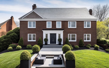 A two-story brick house stands prominently with a well-kept garden. Neatly trimmed hedges and decorative shrubs frame the entrance while stylish outdoor seating invites relaxation on the patio.の素材